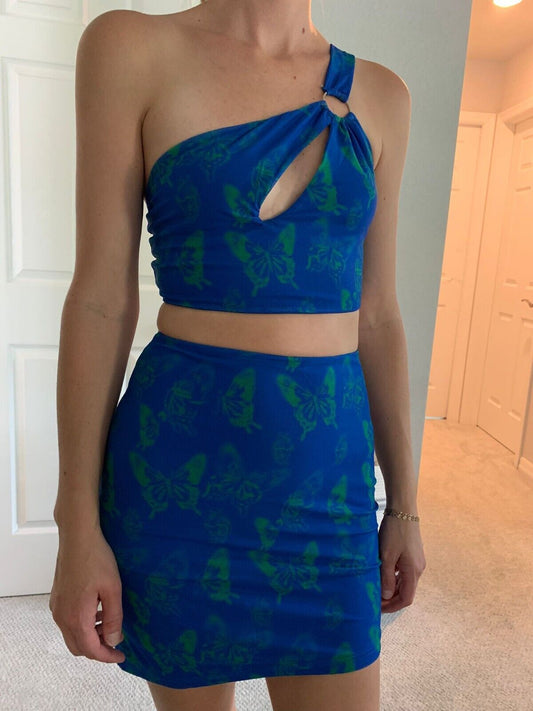 Princess Polly Womens 4 Blue Green One Shoulder Crop Top & Mini Skirt Set