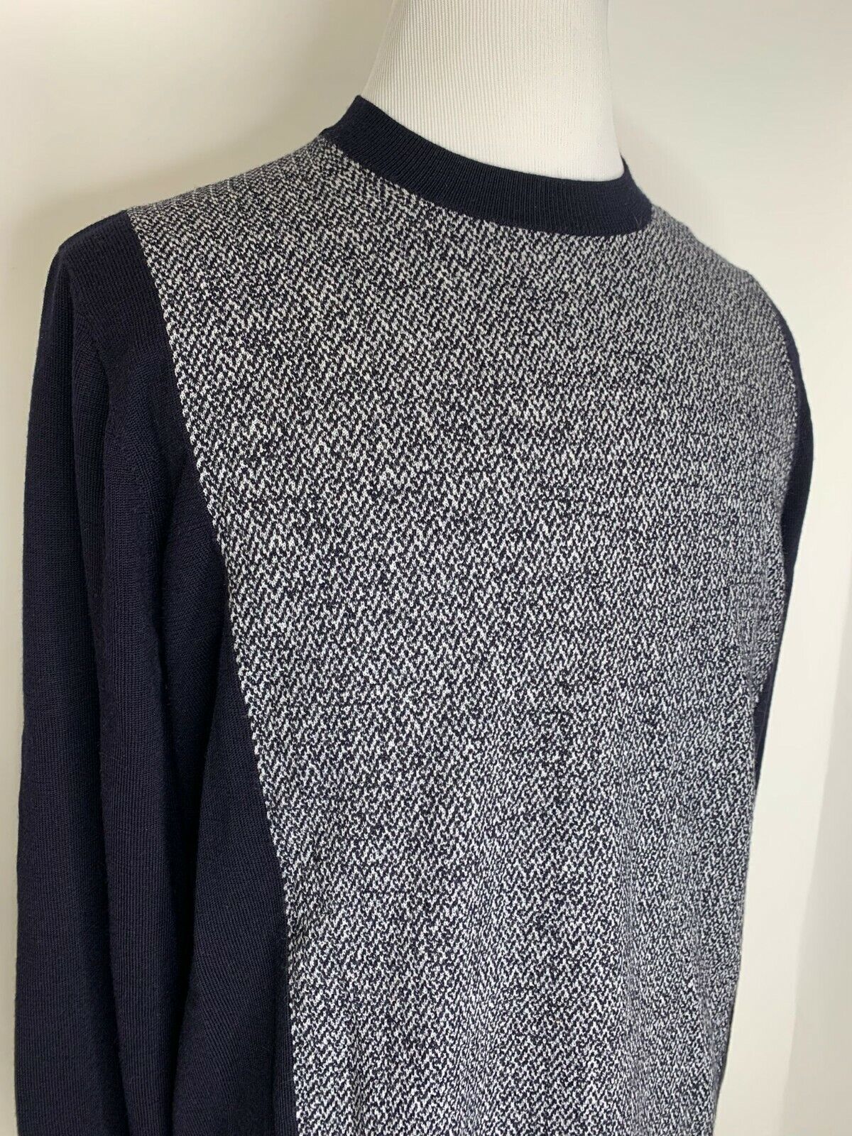 Emporio Armani Mens XXL Navy Blue Jacquard Wool Pullover Sweater Herringbone