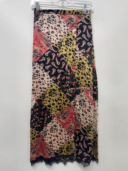 ASOS Women's 4 Satin Crinkle Slip Skirt Multicolor Patchwork Print Lace Hem NWT