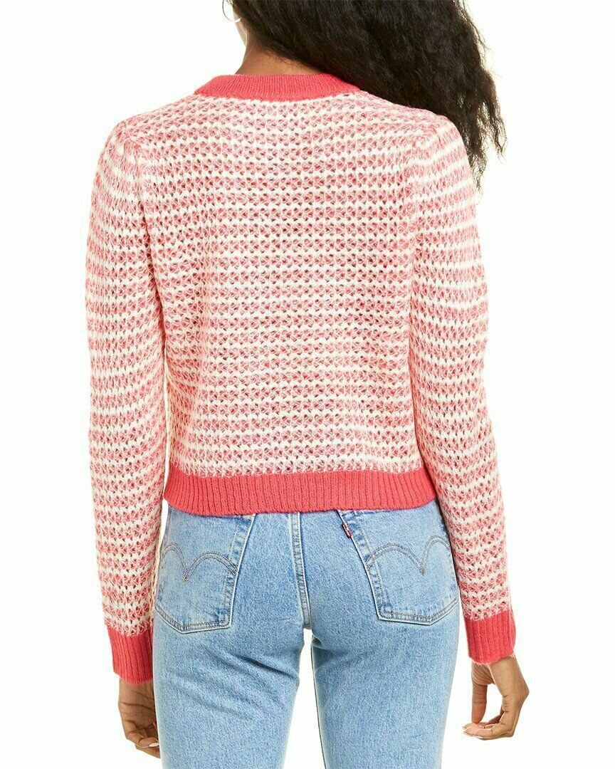 WAYF Womens Pink Waffle Stripe Open Knit Crew Neck Pullover Sweater