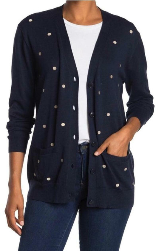 J Crew Womens XXS Navy Polka Dot Polka Dot Boyfriend Cardigan Sweater