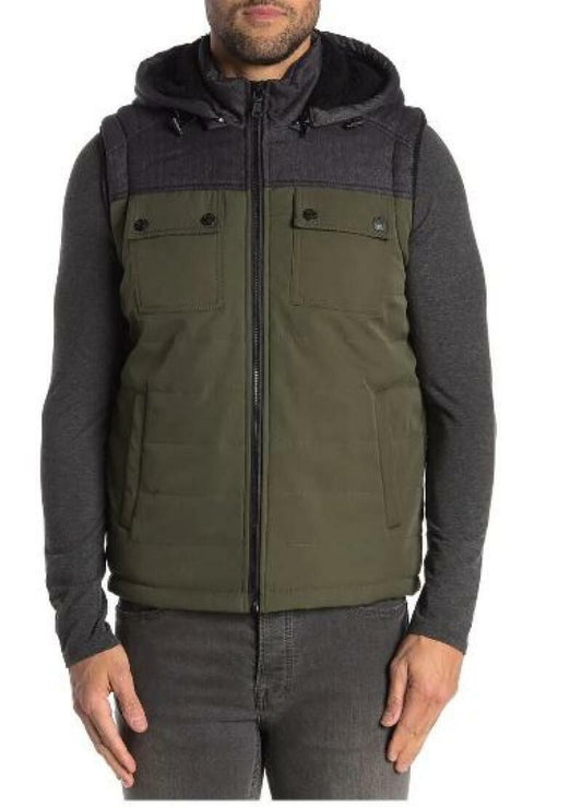 PX Mens L Olive Colby Hooded Fleece Lined Vest Jacket Quilted Premium Xpression