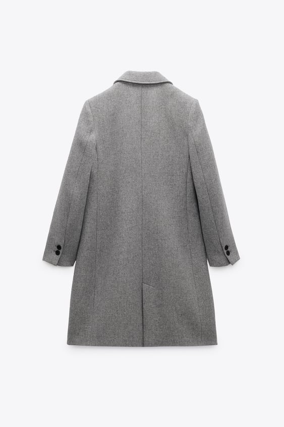 ZARA Womens L Wool Blend Fitted Coat Grey Collared Side Slash Pockets 7322/386