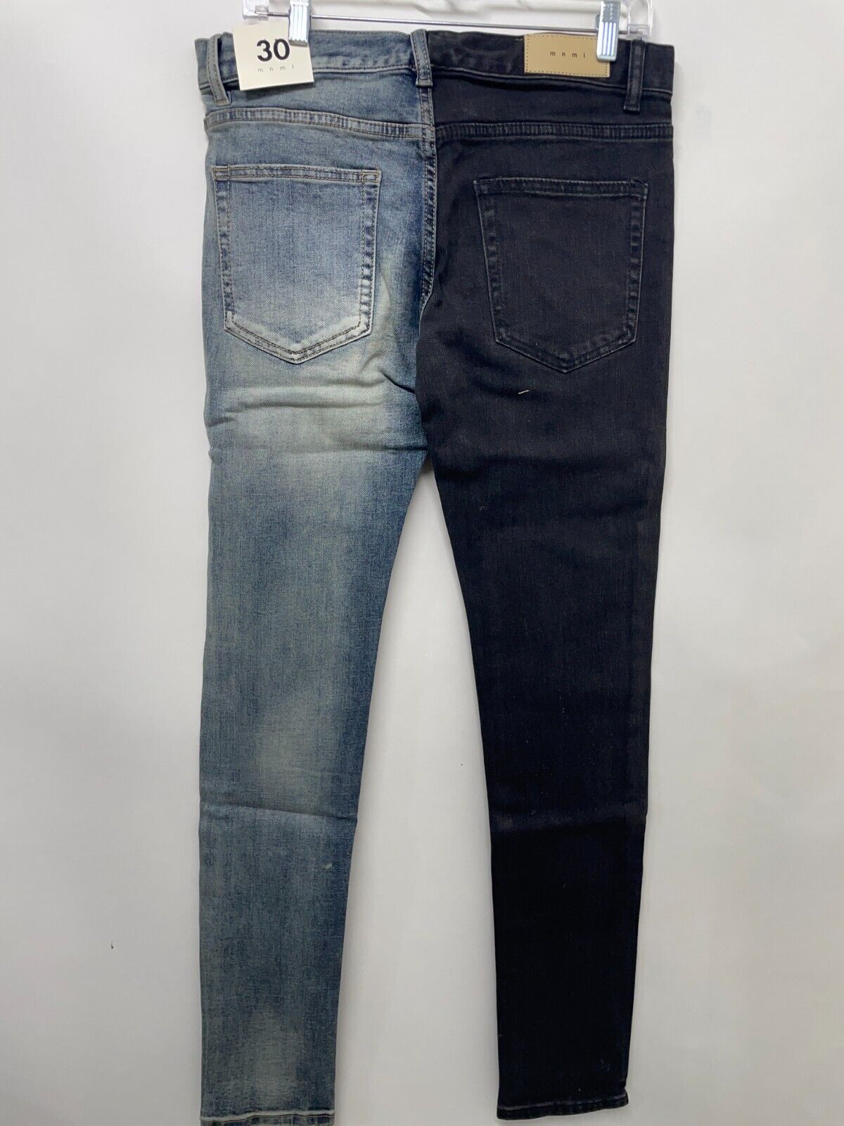 MNML Men 30 M307 Stretch Denim Skinny Jeans Two-Tone Blue/Black Split Colorblock