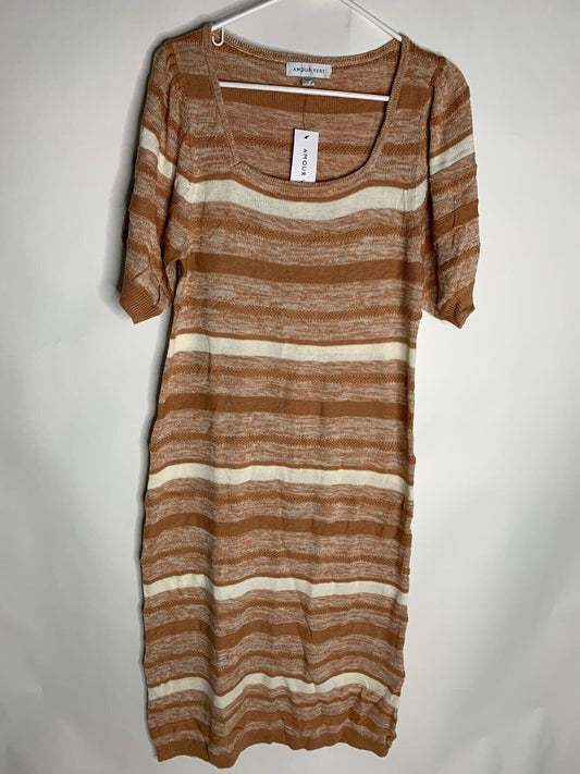 Amour Vert Womens L Vivienne Organic Cotton Sweater Dress Ivory Tan Stripe Midi