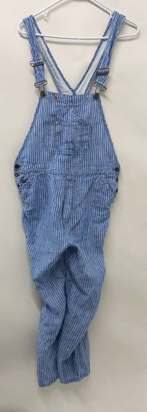 Faherty Womens L Linen Mechanic Overall Bib Blue Striped Relaxed Fit Lightweight
