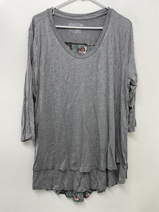 Latched Mama Womens 1X 3/4 Sleeve Scoop Neck Woven Back Nursing Top Grey/Teal