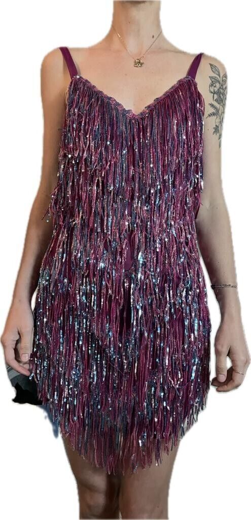 Fashion Nova Womens S Selena Sequin Fringe Mini Dress Swiftie Eras Tour Magenta