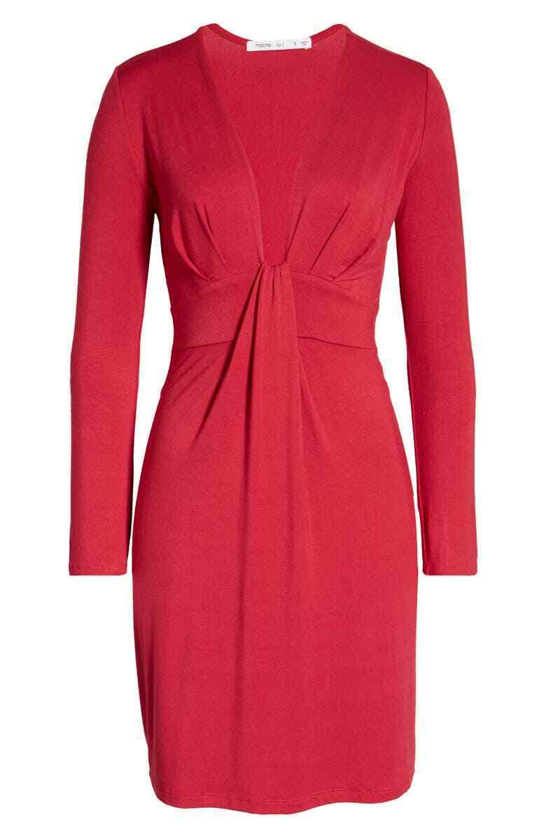 Fraiche by J Womens S Wine Magenta Pink Deep Neck Long Sleeve Sheath Mini Dress