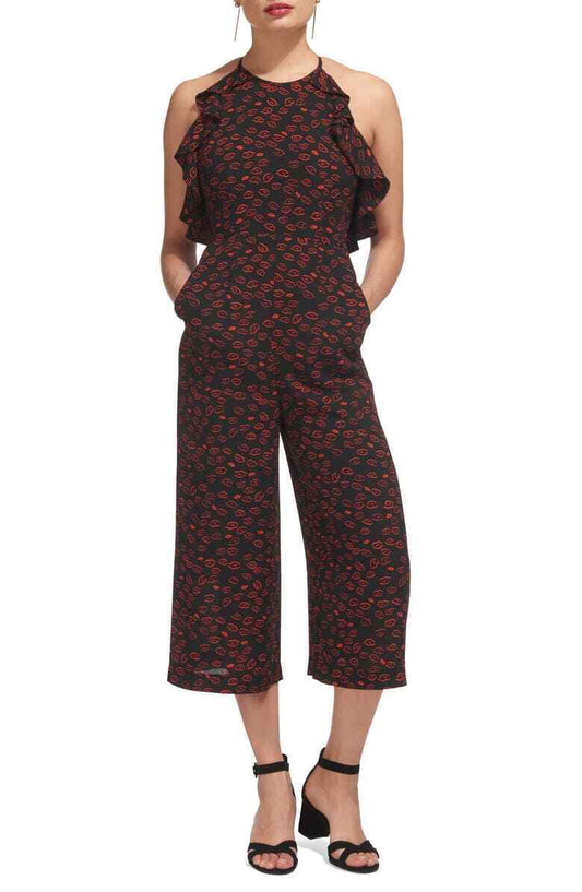 Whistles Womens 12 Black Red Sonia Frill Lips Print Crop Jumpsuit NWT