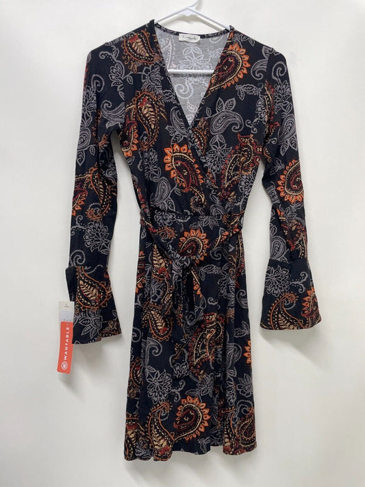 Loveappella Womens S Long Sleeve Faux Wrap Dress Black Paisley V-Neck Stretch