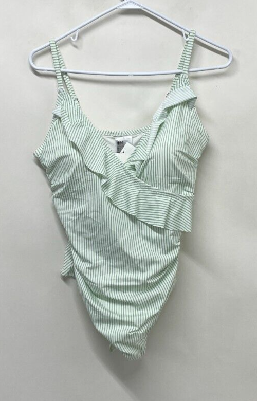 H&M Womens L Flounced Shaping Swimsuit White Green Striped V-Neck One Piece