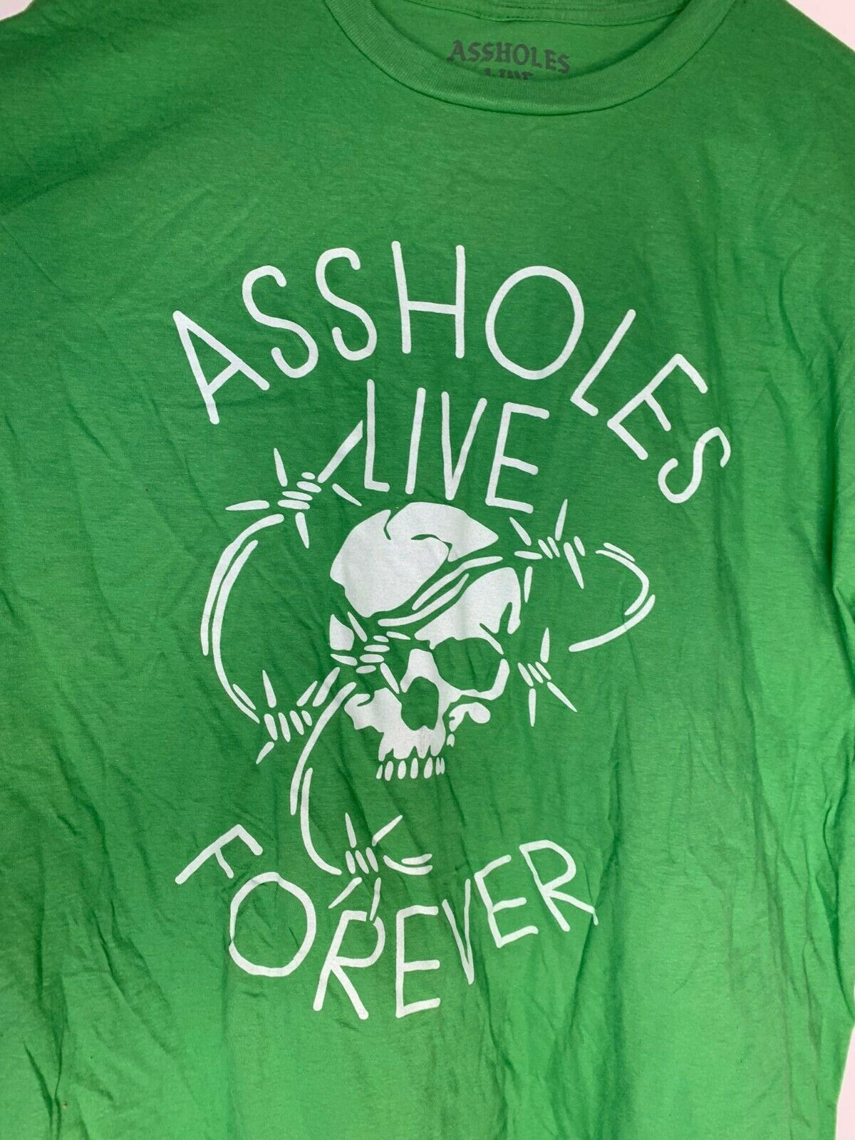 A**holes Live Forever Mens XXL Green Skull & Barb Wire T Shirt Linda Finegold