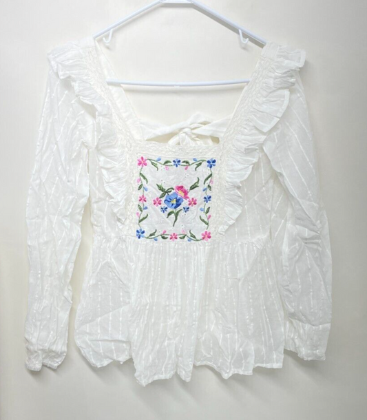 ASOS Women's 2 Square Neck Top with Tie Back Embroidered Bodice White Floral NWT