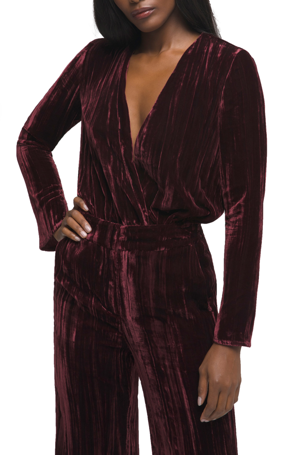 Good American Women 1 Port Burgundy Red Wrap Front Velvet Bodysuit Holiday Party