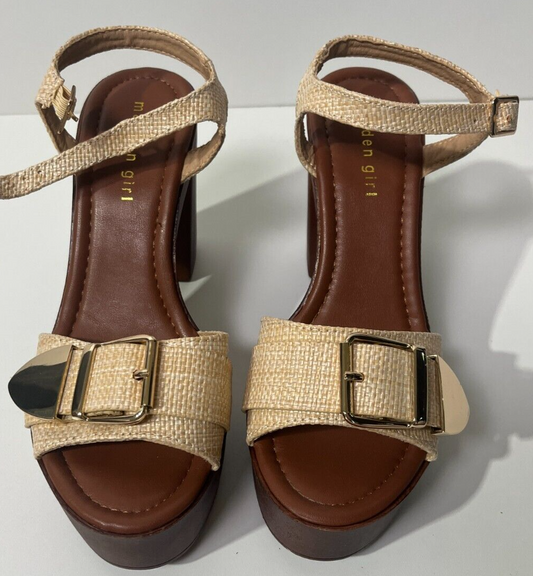 Madden Girl Women's 7 Vivv Buckled Wooden Platform Dress Sandals Natural Raffia