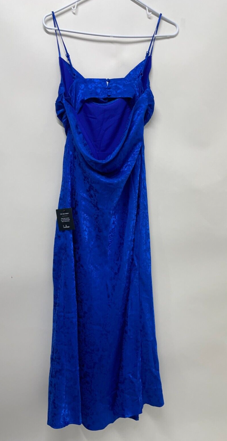 Lulus Women's S Floral Jacquard Satin Midi Dress Royal Blue Cowl Neck Open Back