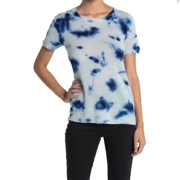 Qi Cashmere Womens L Blue White Tie Dye Short Sleeve Crewneck Sweater Pullover