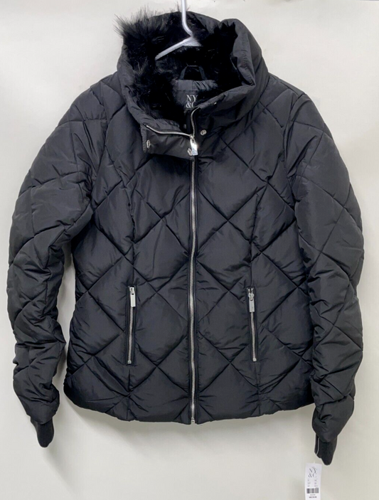 NY&C Women's M Repreve Quilted Puffer Jacket Black Faux Fur Hood New York Co