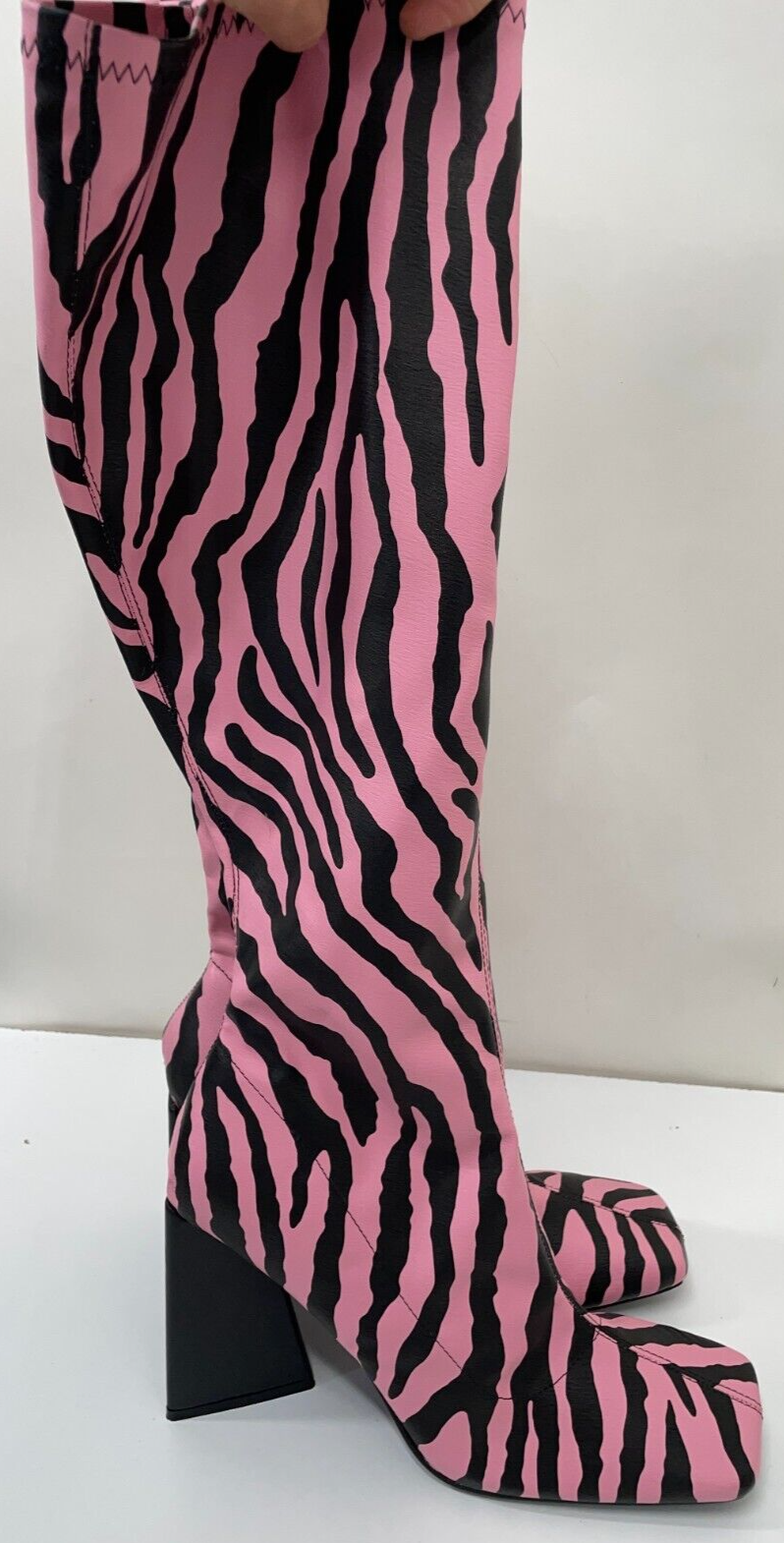Public Desire Womens 9 Paris Artiste Zebra Print Peggy Heeled Knee Boots Pink