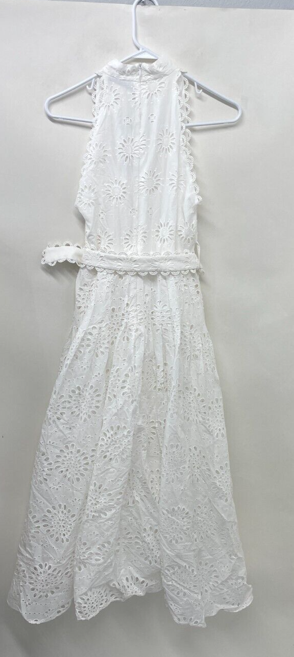 Zara Womens XS Open Embroidery Midi Dress White Sleeveless Belted 2292/974/251