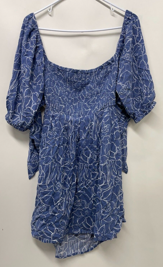 ROXY Women's L Satin Sands Mini Dress Bijou Bue Linear Floral Puff Sleeves NWT