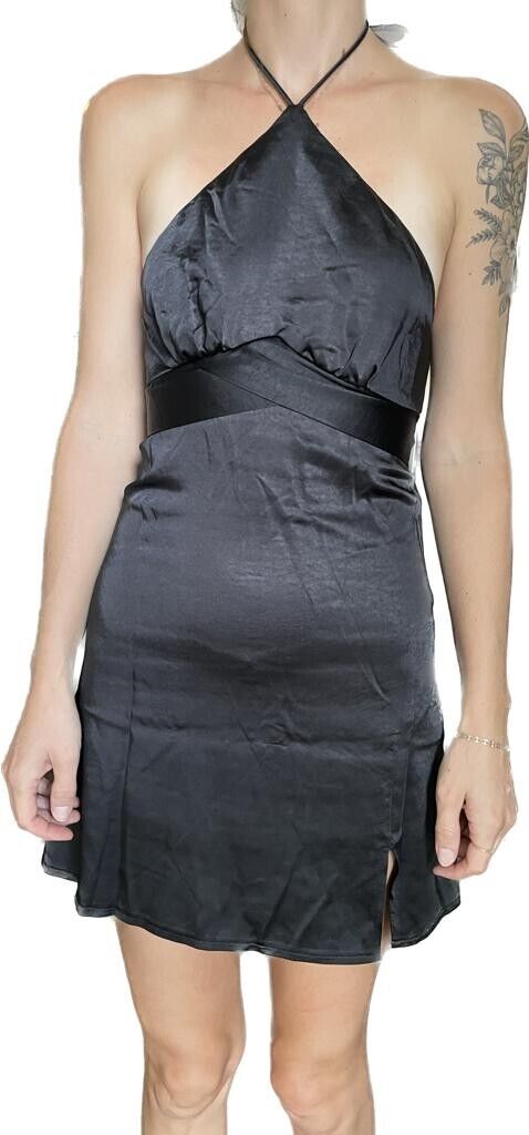 Parallel Lines Womens 2 ASOS Halter Neck Satin Mini Dress Black Tie Back Short