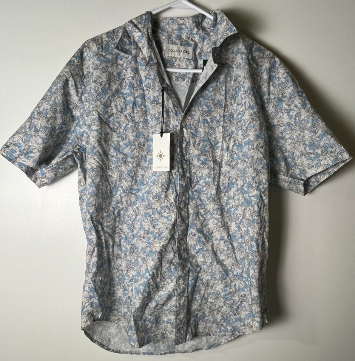 Coastaoro Men's L Short Sleeve Button Up Shirt Light Blue Hawaiian Floral Print