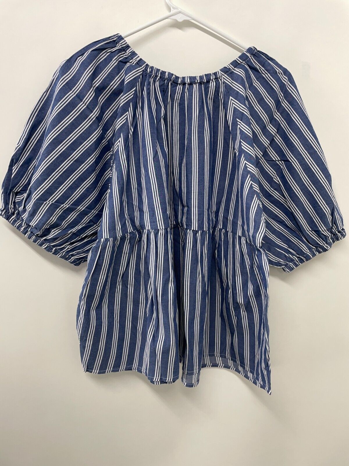 Old Navy Womens L Patterned Puff Sleeve Swing Top Blue Stripe 822075-00-1 NWT