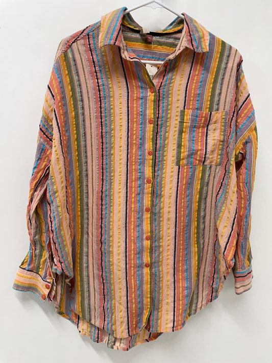 Pilcro anthropologie Womens S/M Long-Sleeve Boyfriend Striped Shirt Rainbow