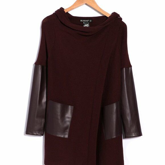 BlankNYC Womens Wine Burgundy Faux Leather Trim High/Low Cardigan Sweater