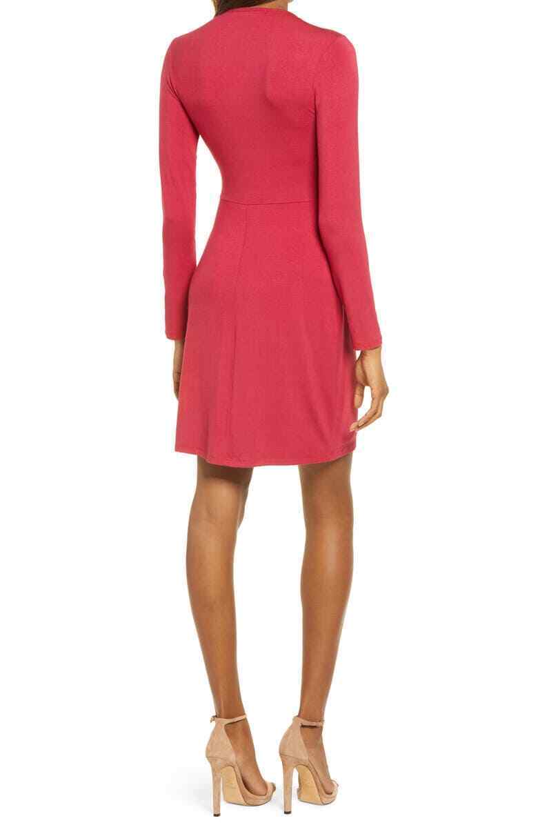 Fraiche by J Womens S Wine Magenta Pink Deep Neck Long Sleeve Sheath Mini Dress