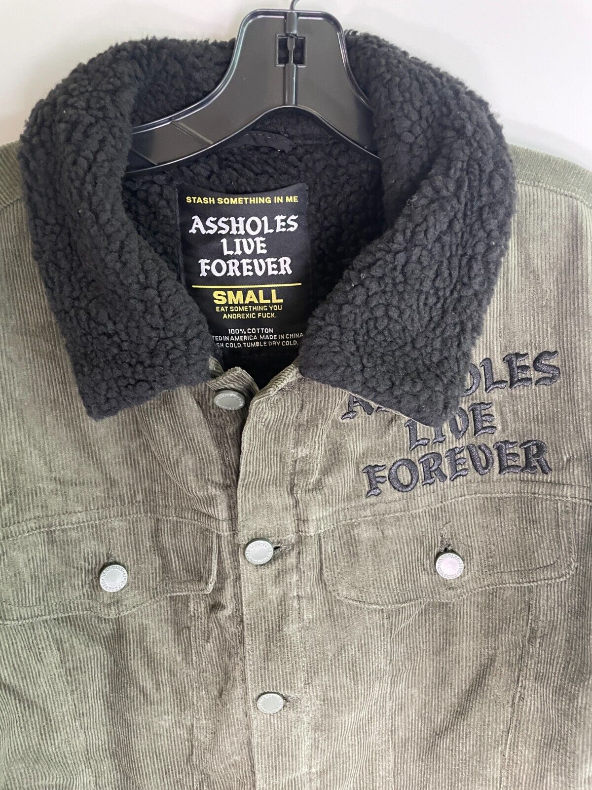 A**holes Live Forever Mens S Corduroy Jacket Sherpa Lining Army Green ALF Unisex