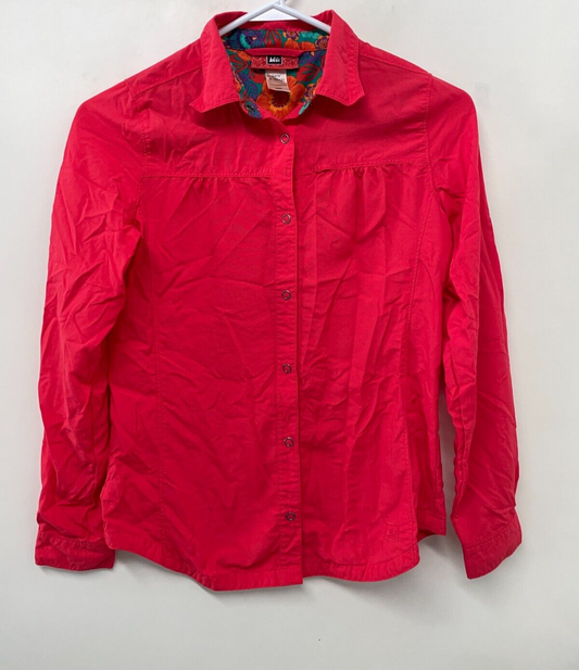 REI Girls M (10-12) Hiking Camping Shirt Red Long Sleeve Snap Button Collared