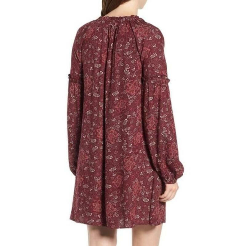 Hinge Womens XS Red Tannin Floral Mix Print Peasant Mini Dress Split Neck NWT