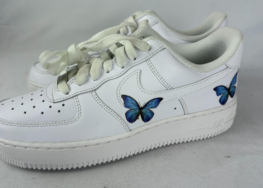 Nike Womens 8.5 Air Force 1 Low Custom Blue Butterfly White Sneakers DD8959-100