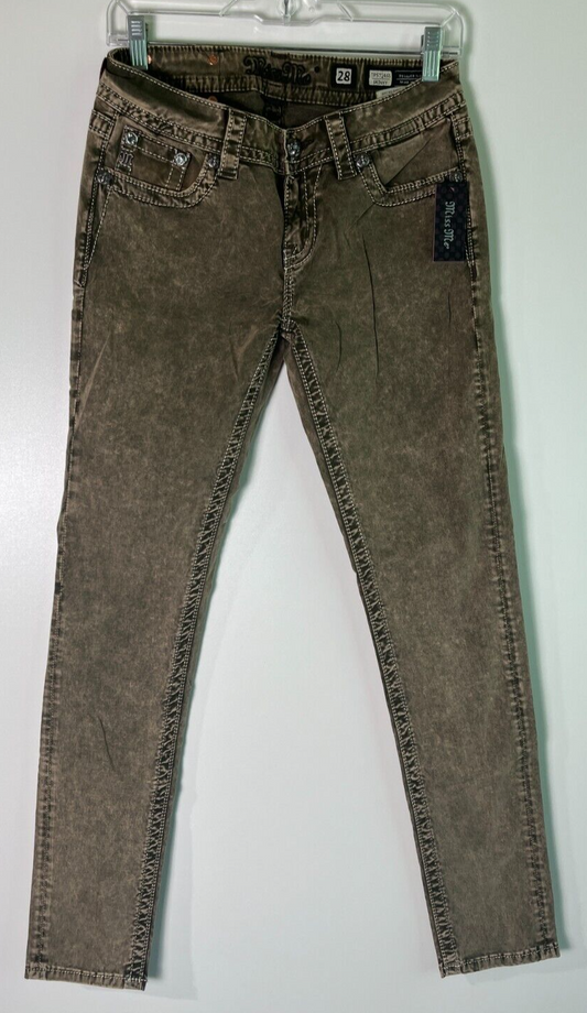 Miss Me Women 28 Low-Rise Stretch Acid Wash Skinny Pant Jeans Olive  TP5724S1