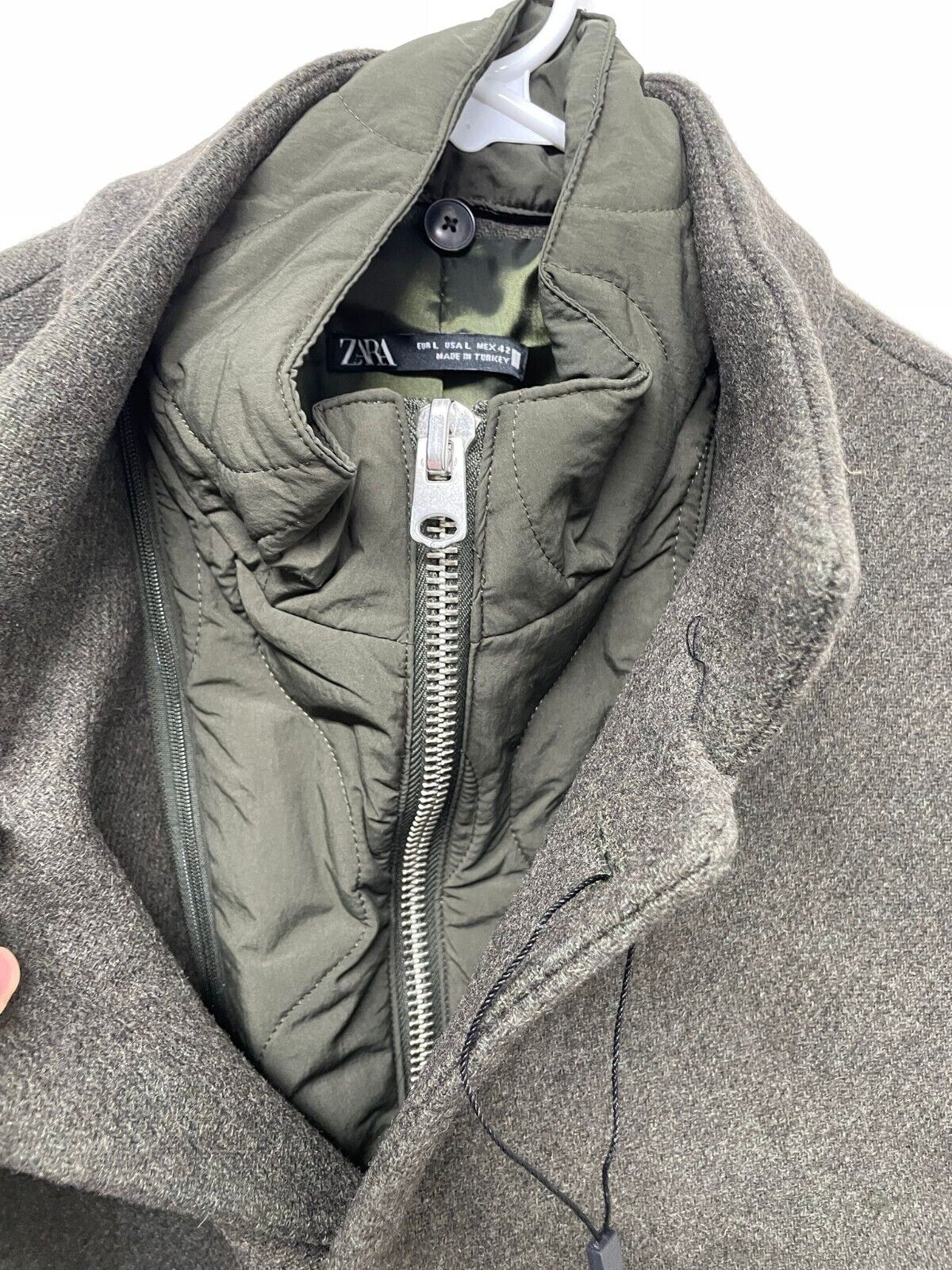 Zara Mens L Removeable Collar Over Coat Army Olive Green 0706/376/507 Bib Wool