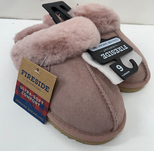 Dearfoams Fireside Womens 6 Sydney Genuine Shearling Scuff Slippers Dusty Pink