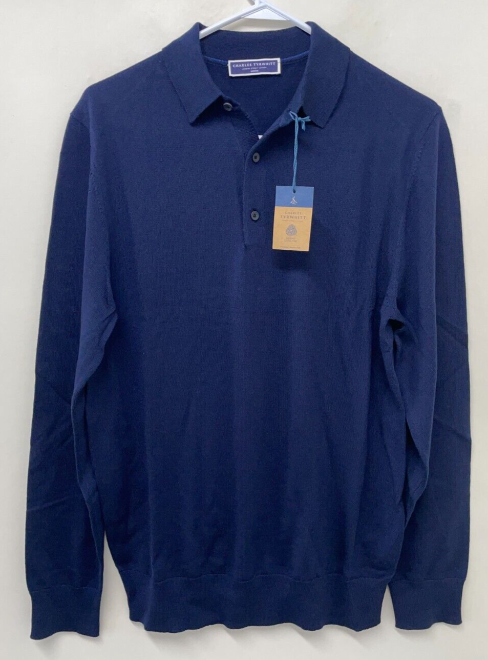 Charles Tyrwhitt Mens M Pure Merino Polo Neck Sweater Navy Blue Knit Long Sleeve