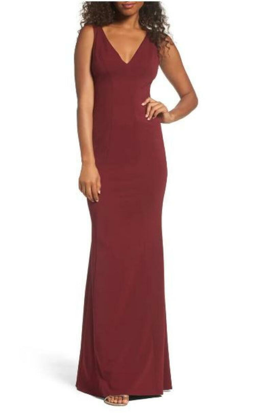 Katie May Womens 20W Deep Red Maroon Mischka V-Neck Crepe Gown Evening Dress