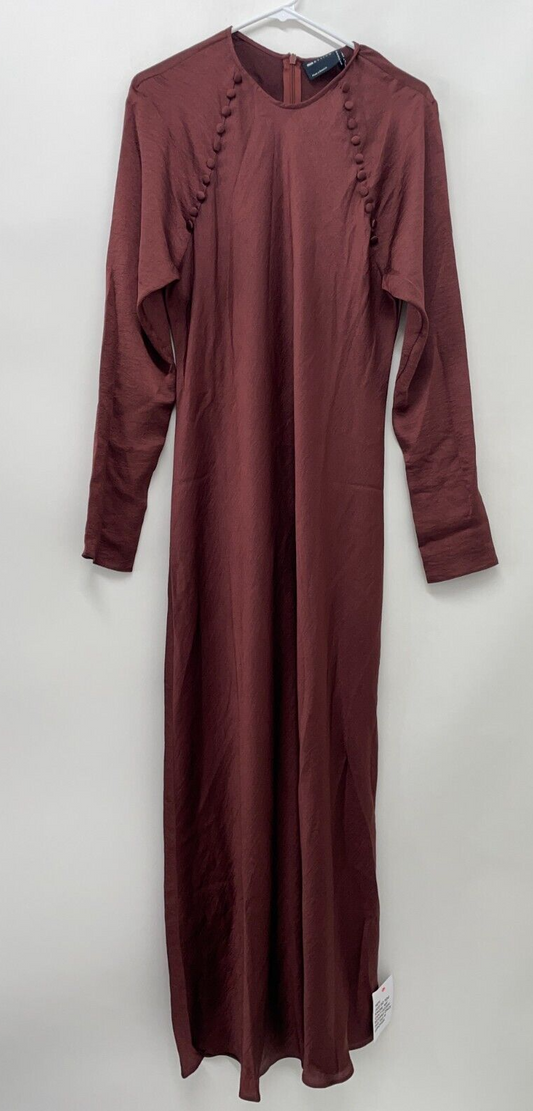 Asos Womens 12 Satin Biased Maxi Dress With Button Detail Oxblood Long Sleeve