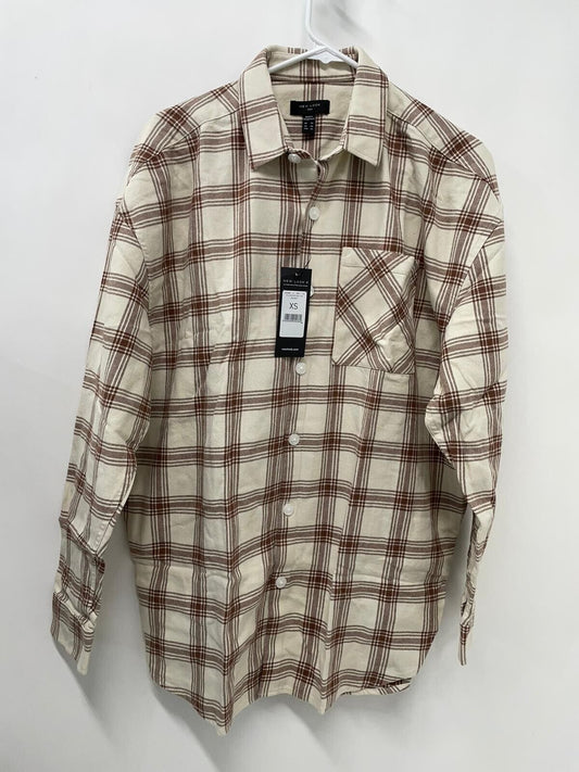 New Look Mens XS Oversized Long Sleeve Button Down Flannel Shirt Cream Plaid