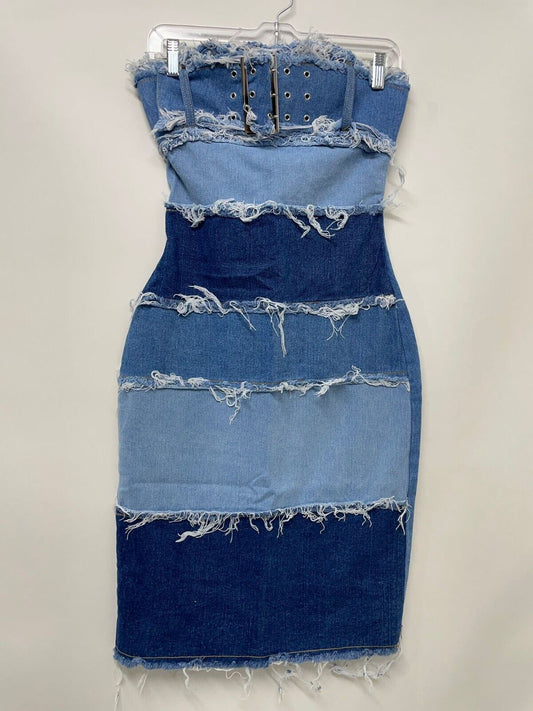 PrettyLittleThing Womens 0 Distressed Panel Belted Denim Midi Dress Mid Blue Raw