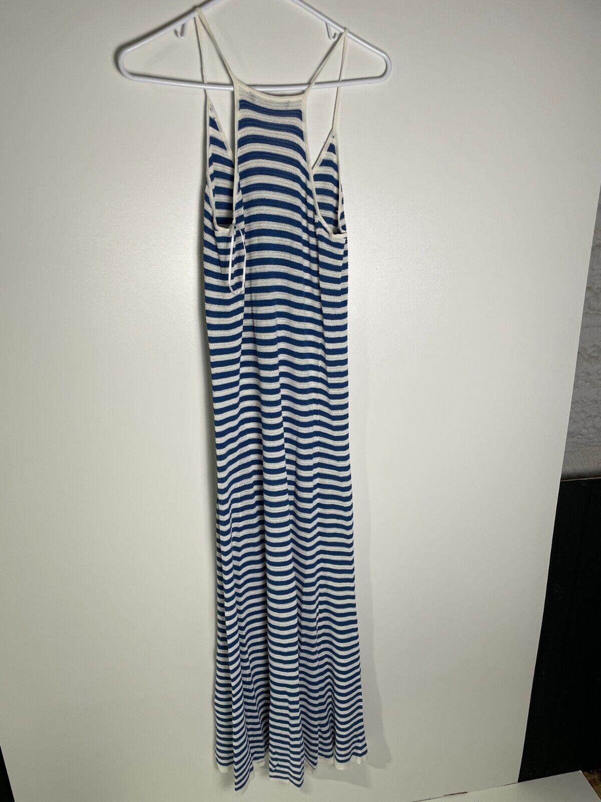 Mango Women's L Striped Jersey Knit Maxi Dress Blue White V-Neck 57092879 MNG