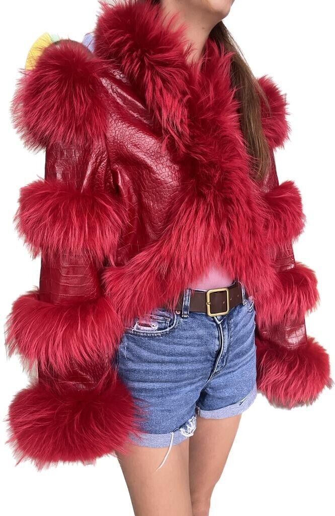 Paisleys Luxe Boutique Womens S Valentine Red Leather Racoon Fur Croc Jacket