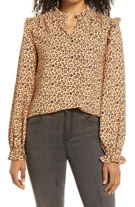 Rachel Parcell Womens L Tan Cappuccino Leopard Ruffle Long Sleeve Blouse Top