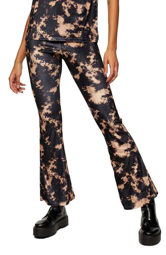 Topshop Womens Petite Bleach Black Tie Dye Velvet Flare Trousers Pants