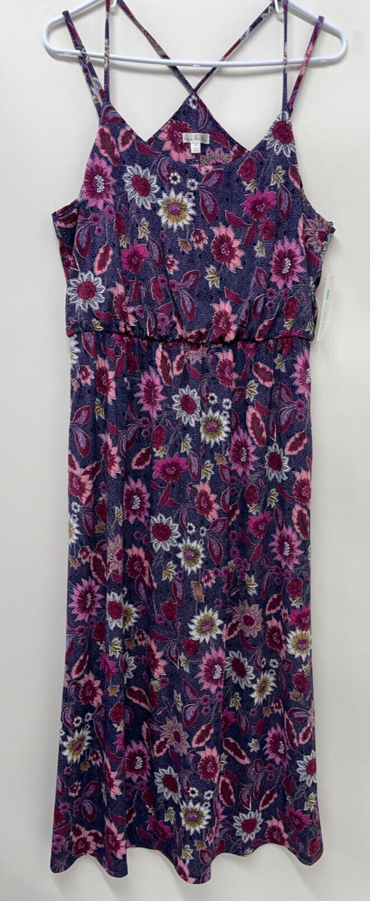 Nine Britton Womens L Floral A-Line Dress Purple 2-Strap Sleeveless Knee-Length