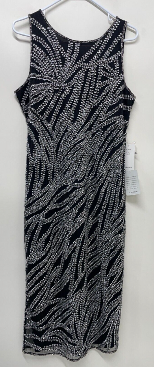Pisarro Nights Women's 16 Beaded Sheath Cocktail Dress Black/Silver Gown D-2381